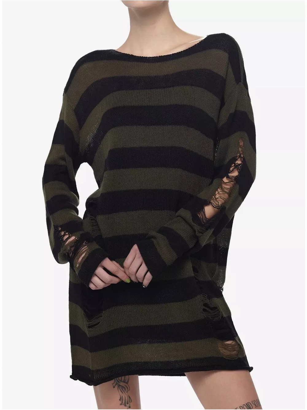 Social Collision Green/Black Striped Distressed Knit Crewneck Sweater L